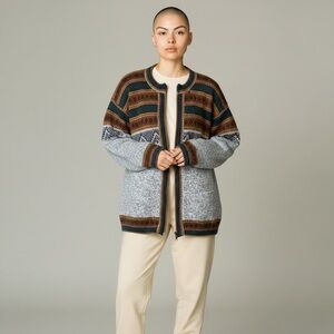 Vintage Fair Isle Knit Zip Front Cardigan - Size Large